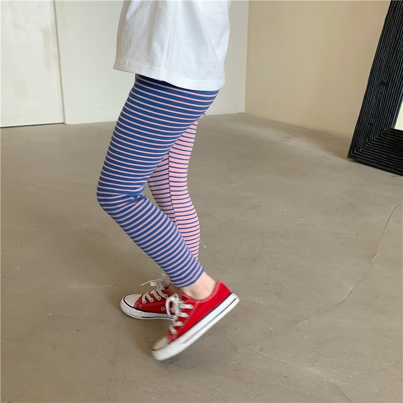 2022 Spring Girls Leggings Kids Pink and Purple Patchwork Striped Skinny Pants Children Elastic Trousers