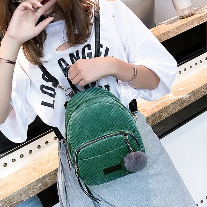 Small Women's Backpack Shoulder Bag Hairball Casual Backpacks Girls Ladies School Bag Mochilas Student Shoulder Bags: Green