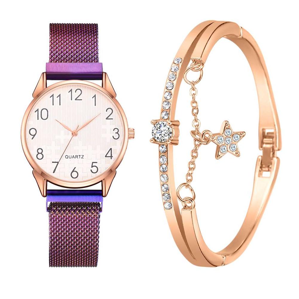 Ensemble de 2 montres pour femmes avec bracelet en maille magnétique et aimant en or, montres à quartz à chiffres arabes pour femmes: Ensemble violet