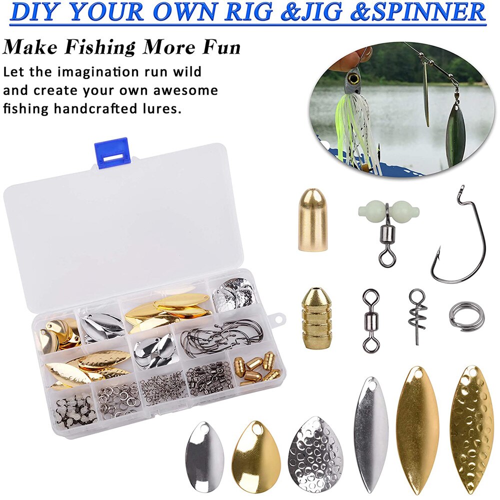 181Pcs/Box Fishing Lures DIY Kit Fishing Spoon Rigs Gold And Sliver Spinner Blade Baits Copper Blades Spinner Bait Tackle