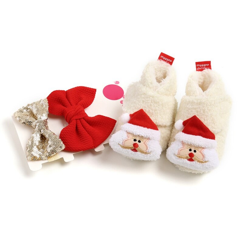 Bebê bonito primeiro andar sapatos menina menino macio anti-deslizamento sapatos natal cervos papai noel bonito sapatos de bebê + 2 headbands/2 meias terno