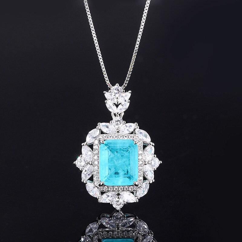 Oevas 100% 925 sterling silber paraiba blau diamantanhänger halskette ringe für damen party feines schmuckset: Halskette mit anhänger