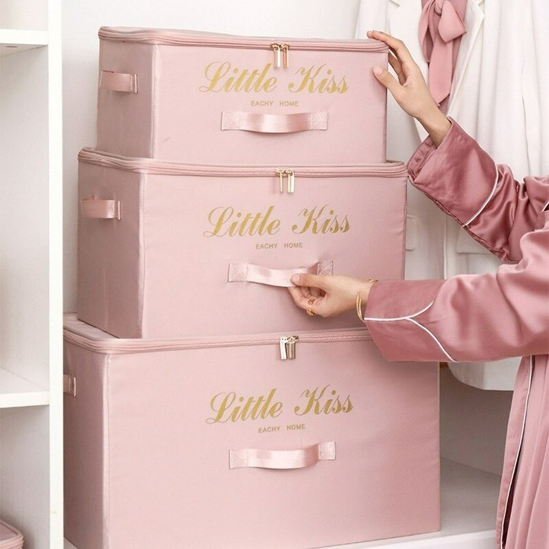 Clothes Quilt Storage Box Organizer Household Large Wardrobe Foldable Satin Fabric Storage Box Home Large Item Organizer
