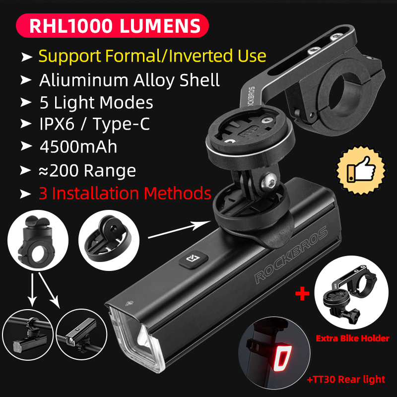 ROCKBROS Bicycle Light 1000LMType-C Charging Waterproof Bike Light Front Lamp Rechargeable Cycling Headlight Aluminum Flashlight: Light Grey