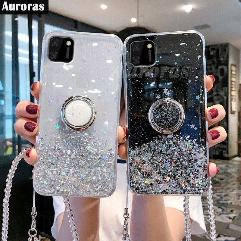 Auroras For Realme C11 Case Glitter Bling Sequins Starry Sky With Ring Shockproof For Realme C11 Cover