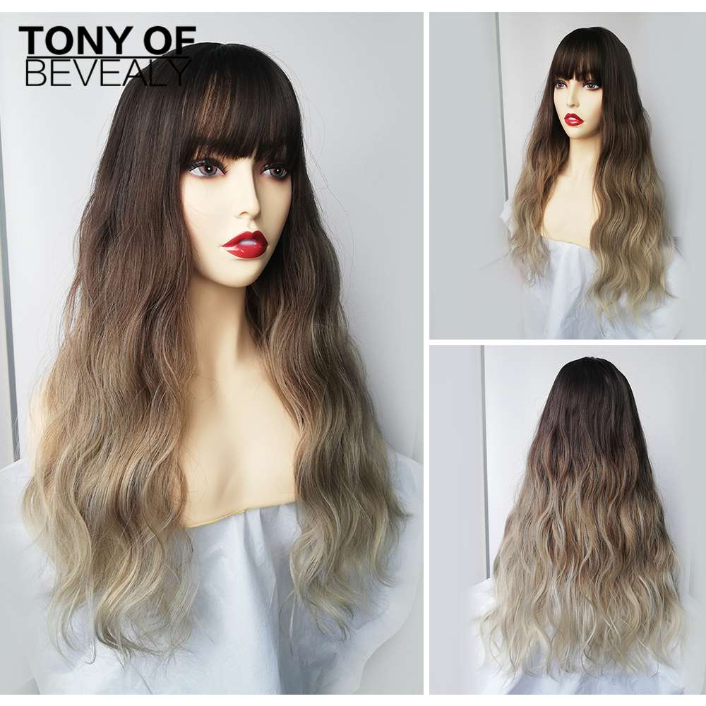 Long Wavy Dark Brown Natural Hair Wigs With Bangs Heat Resistant Synthetic Wigs for Afro Women Daily Cosplay Natural Wigs: lc227-1
