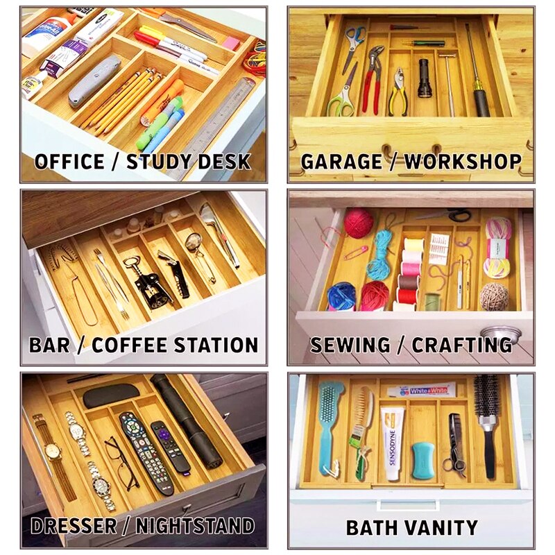 Bamboo Drawer Organiser Box, Adjustable Multipurpose Storage Tray and Drawer Insert Box for Utensils