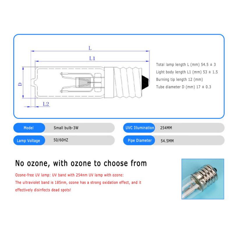 E17 UVC UV Ozone Disinfection Lamp Mite Killing Lamp (With Ozone Model) 3W Quartz Stone Glass LED Light 110v 220v