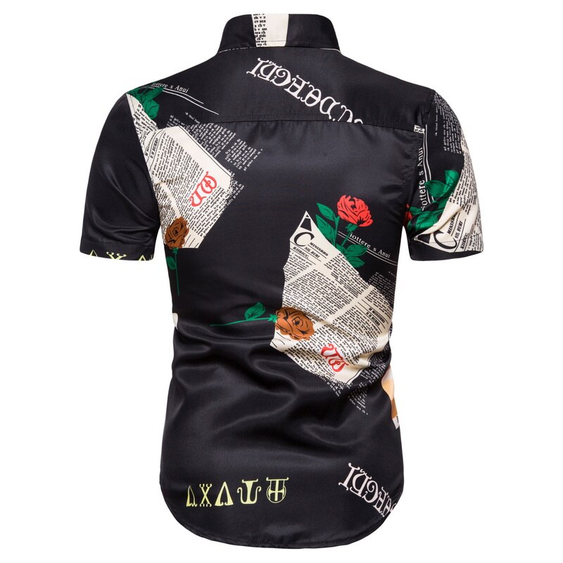 Vintage hvid skjorte mænd kortærmet sommer rose blomster bogstavtryk chemises steampunk skjorte herre årsagsferie streetwear