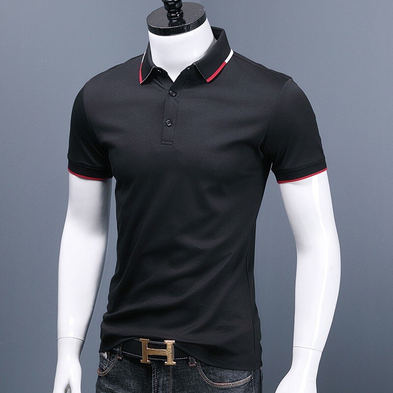 2022 Summer Polo Shirts Men Business Casual Black Slim Fit Short Sleeve Polos Double Mercerized Cotton Tops