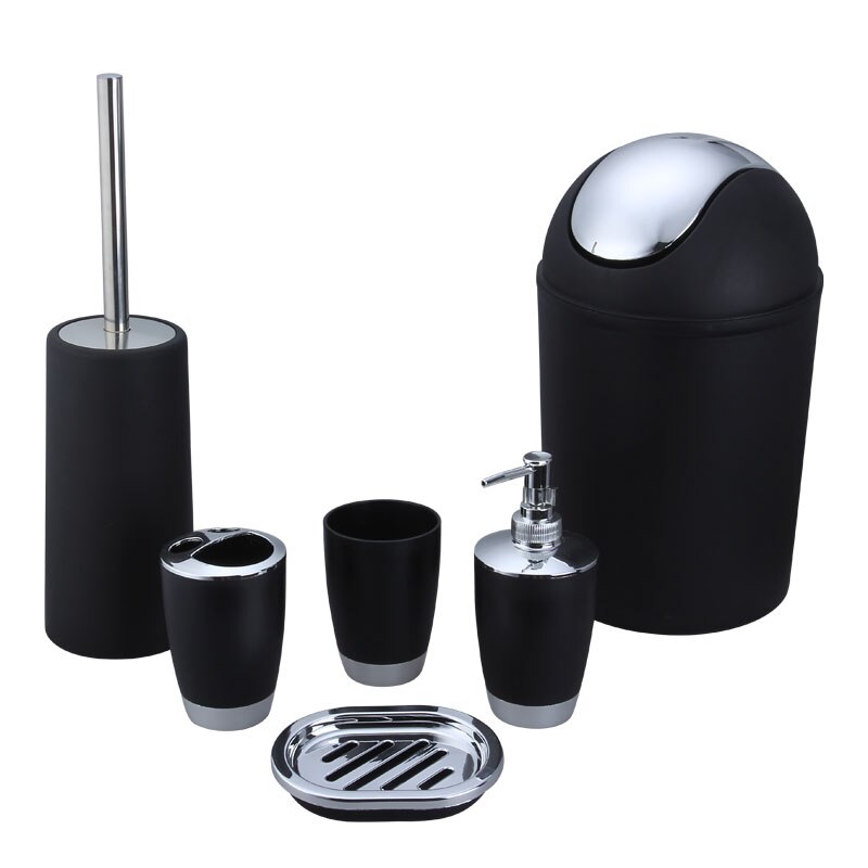 6Pcs Bathroom Accessories Set Toothbrush Holder Cup Soap Dispenser Dish Toilet Brush Trash Can Plastic Tumbler Cup Washroom Tool: black
