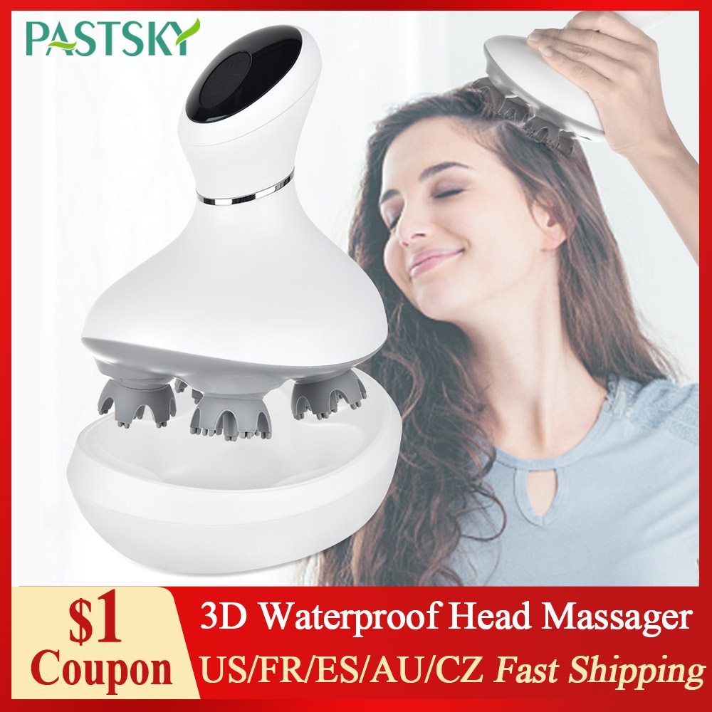 Masseur de tête électrique 3D étanche, Vibration sans fil, Massage du cuir chevelu, prévient la perte de cheveux, soulage la Migraine, Rechargeable par USB