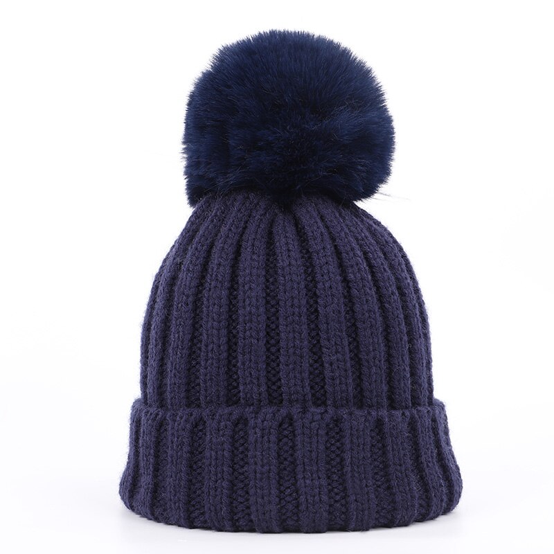 Mode kinderen Gebreide Mutsen Muts Sjaal 2 Stuks Set Effen Kleur Winter Jongen Meisje pompom Zachte Cap sjaals Baby Kids: Navy-2