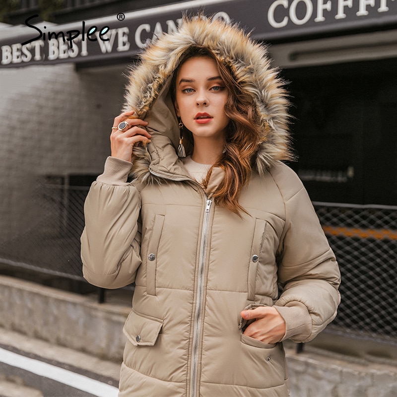 Simplee varm brun høst vinter kvinner parkas high street kontor dame langermet jakke parkas med lue