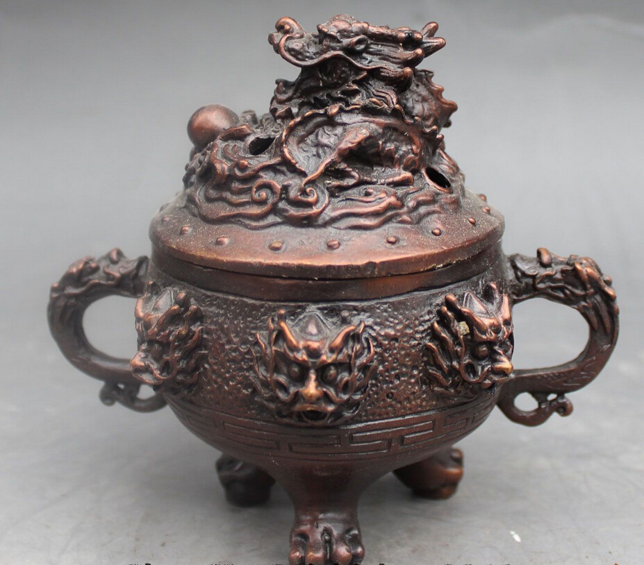 S0017 5 "Chinese Feng shui Brons Negen Dragon Beest Brander Censer Sculptuur D0317