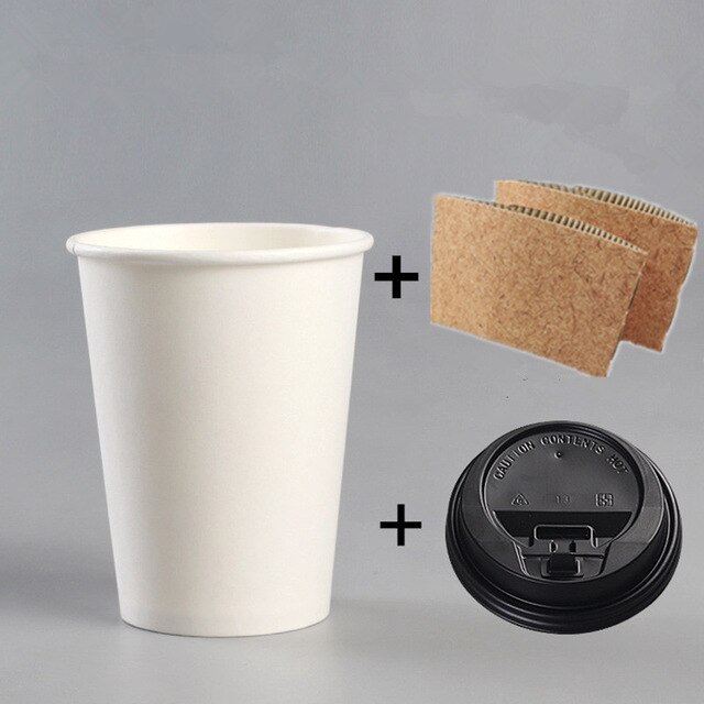 50 stücke weiß einweg kaffee tasse kaltes heißes getränk zum mitnehmen verpackung papier tasse mit deckel und Kraft papier hülse: Tasse Deckel Ärmel2 / 400ml 14OZ 50Stck