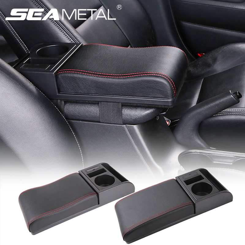 SEAMETAL Auto-Armlehnenbox-Verlängerung, Ellenbogenstütze, universelle Auto-Armlehne mit USB-Ladeanschlüssen, Getränkehalter, verstellbare Länge