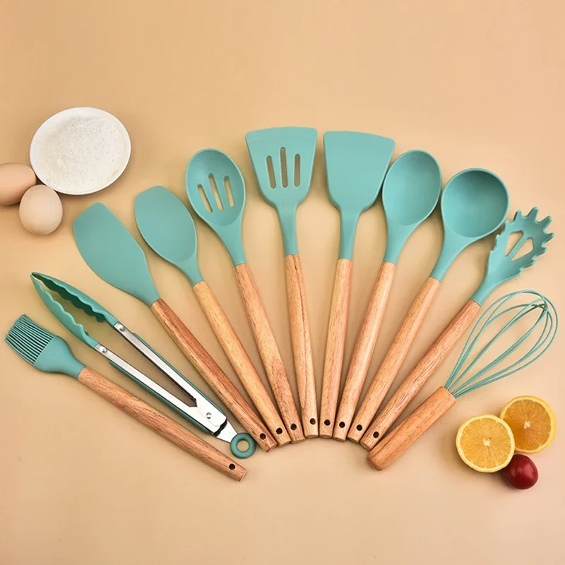 12 Stuks Siliconen Keukengerei Koken Houten Handvat Non Stick Pot Keukengerei Set Opslag Emmer Siliconen Keukengerei