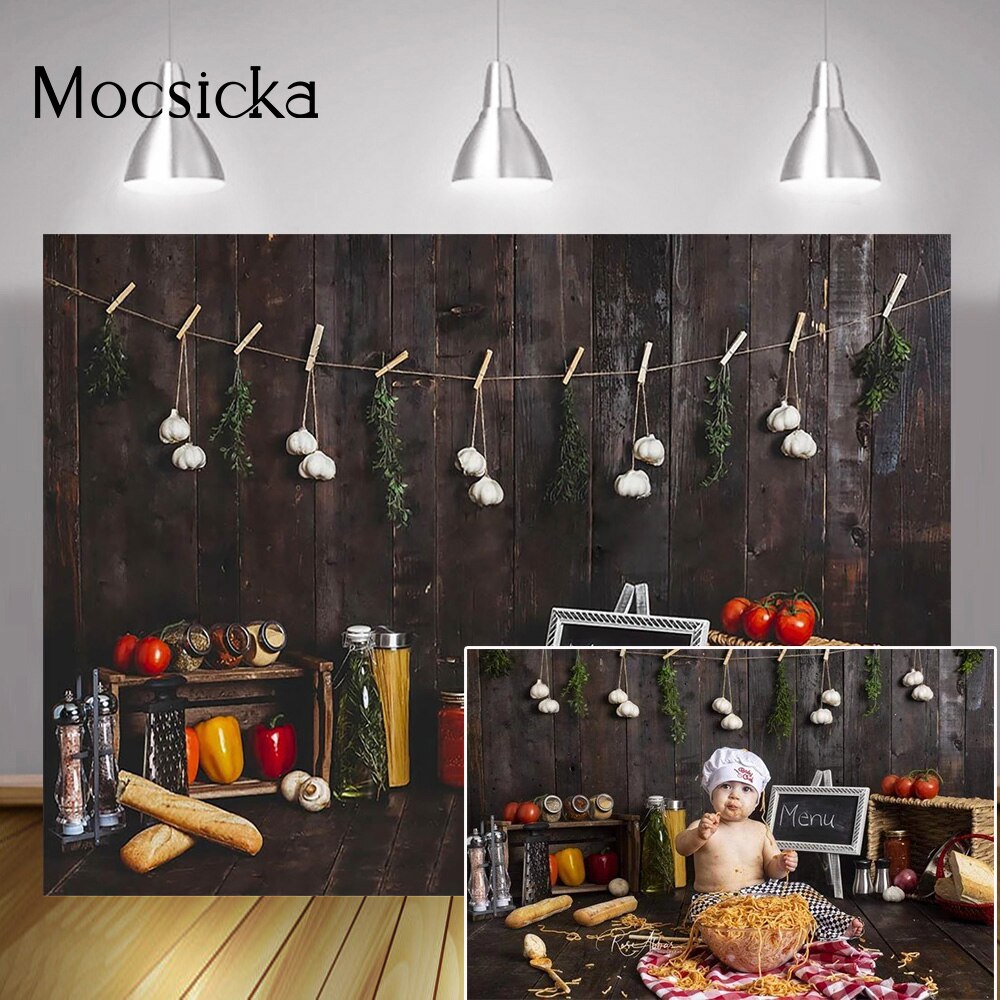 Menu kitchen Newborn Little Chef Birthday Portrait Backdrop Photo Studio Cook Birthday Cake Smash Background Wooden Bread Tomato