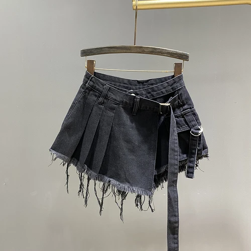 Uregelmæssig Pink Denim Nederdel Dame Sommer Høj Talje Slimming Falsk Todelt A-Line Arbejdstøj Kort Mini Nederdel: L / Sort