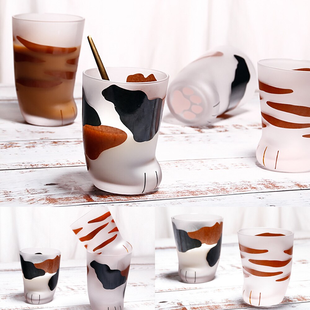 230/300ML Cat Claw Cup Milk Glass Frosted Glass Cups Cute Cats Foot Claw Print Mug Cat Paw for Breakfast Coffee Kids Milk Bottle