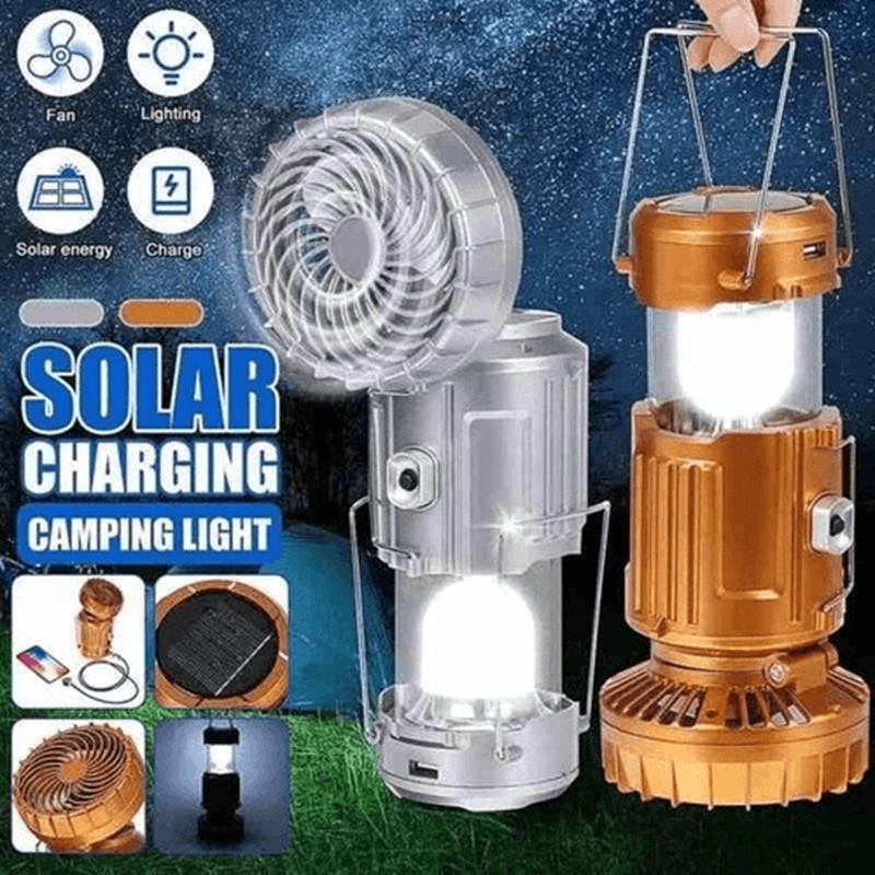 Solar Camping Lantern With Fan Portable Stretchable Electric Fan Emergency Light Outdoor Lighting Rechargeable LED Tent Light