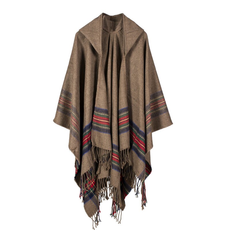 women winter shawl and wraps thick warm blanket scarf oversize hooded black ponchos and capes striped tassel echarpe: camel