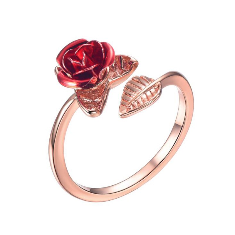 Frauen Ring Rote Rose Garten Blume Blätter Öffnen Ring Resizable Finger Ringe Für Frauen Valentinstag Schmuck: Rose Golden