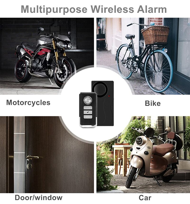 93db trådlösa cykellarm med fjärrkontroll vattentäta stöldsäkra vibrationssäkerhetssensorer för motorcykelcykel justerbar