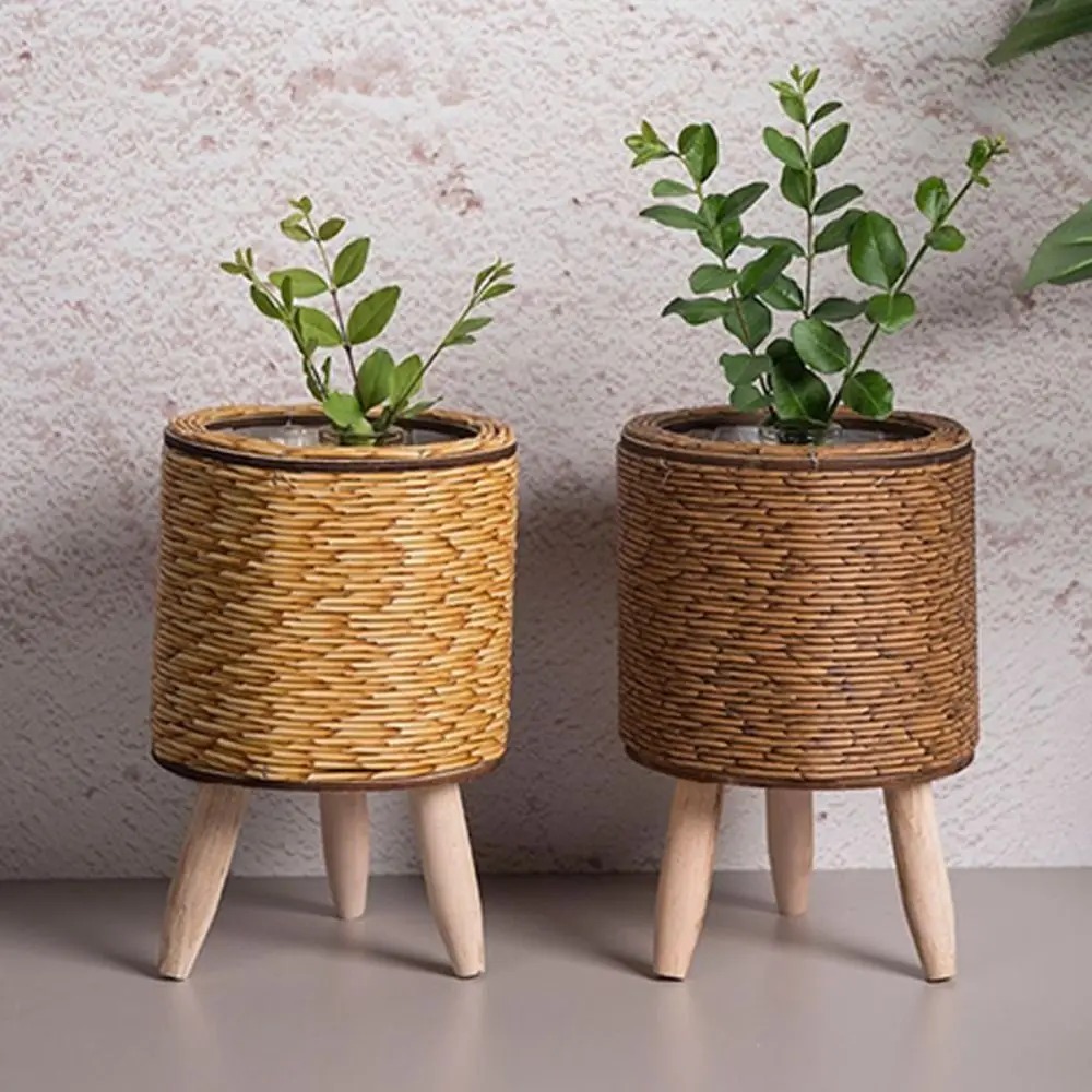 Maceta hecha a mano, florero decorativo para plantas, macetas de ratán para interiores, adornos de escritorio, macetas y jardineras de jardín