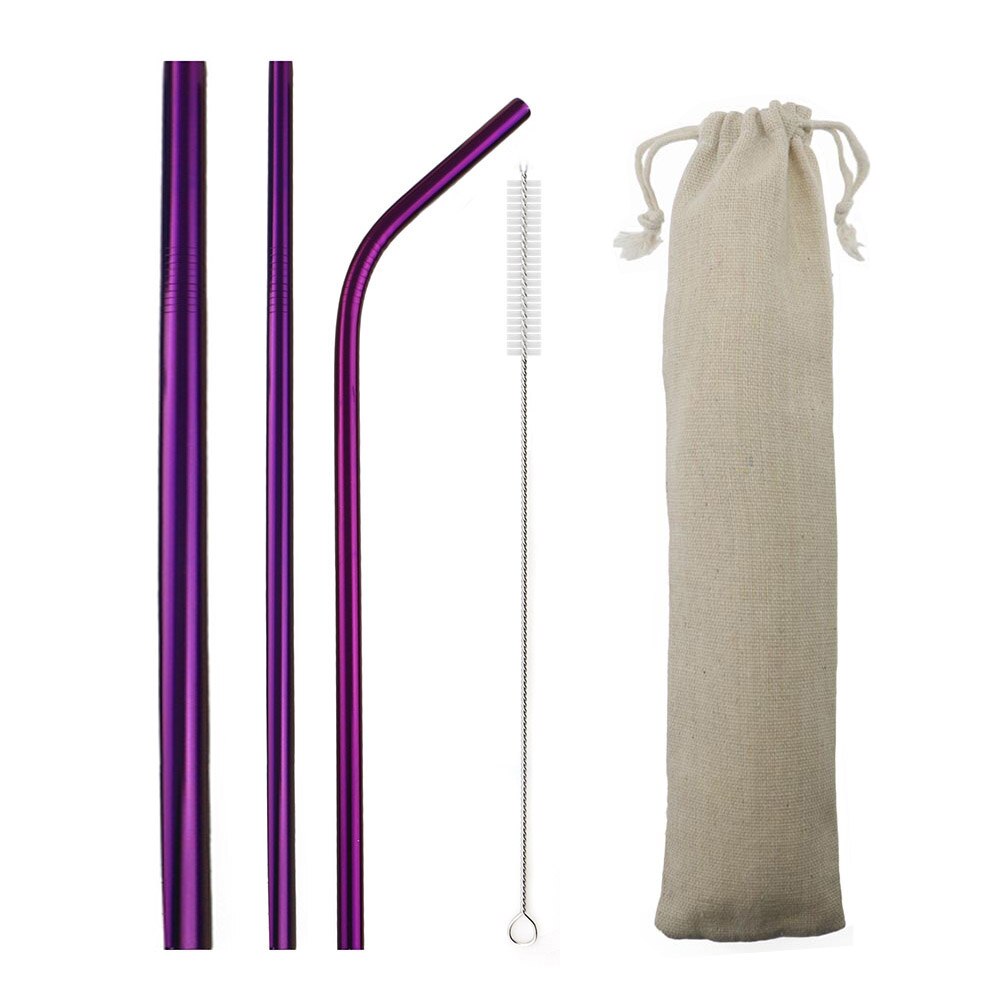 Multi 5-Pcs Eco Friendly Reusable Straws Set 304 Stainless Steel Straw Metal Smoothies Drinking Straws Set with Brush Pouch Bag: Purple