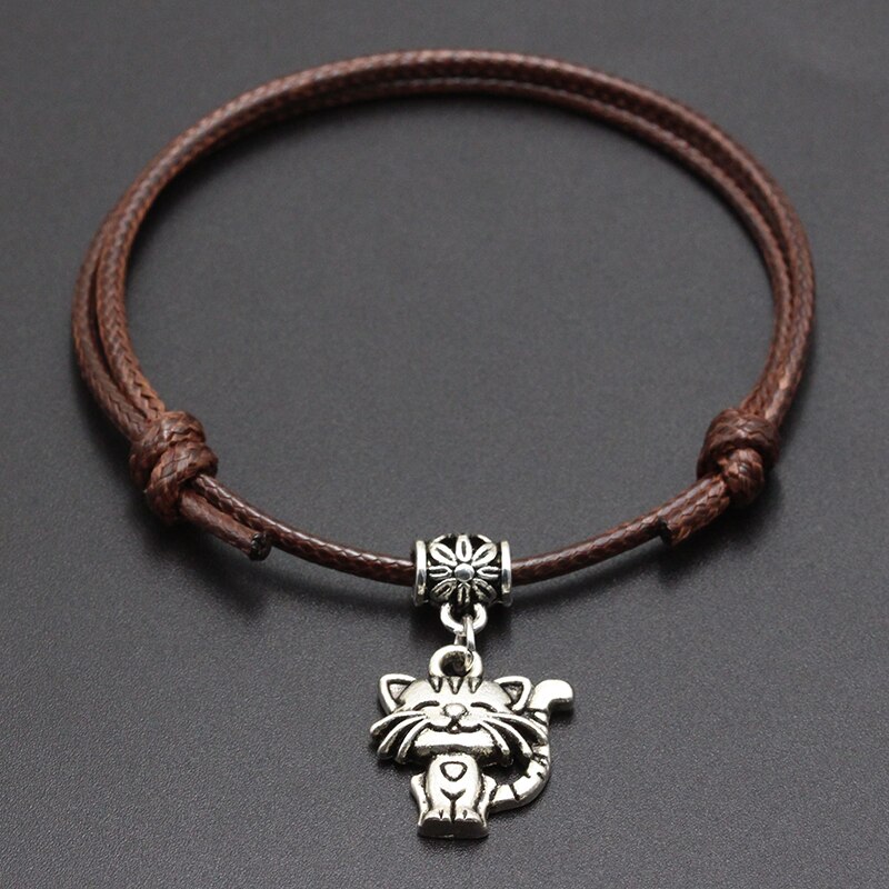 neue Happy Cat Anhänger Rot Faden Schnur Armband Glück Schwarz Kaffee Handgemachte Seil Armband für Frauen Männer Schmuck