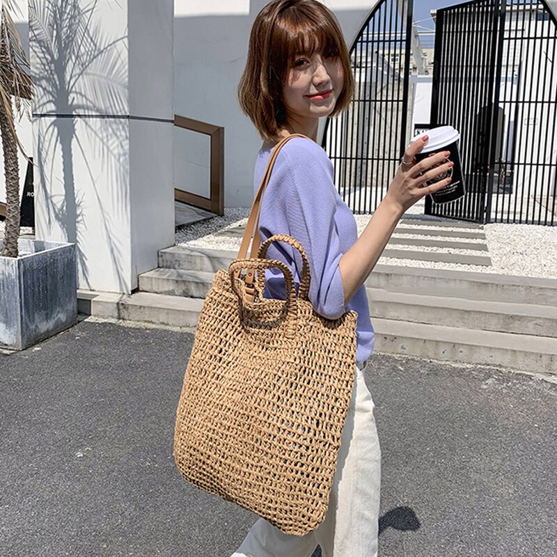 Gusure Mode Vrouwen Zomer Stro Tassen Grote Rieten Geweven Schouder Handtassen Vrouwelijke 2022 Strand Gevlochten Boodschappentassen