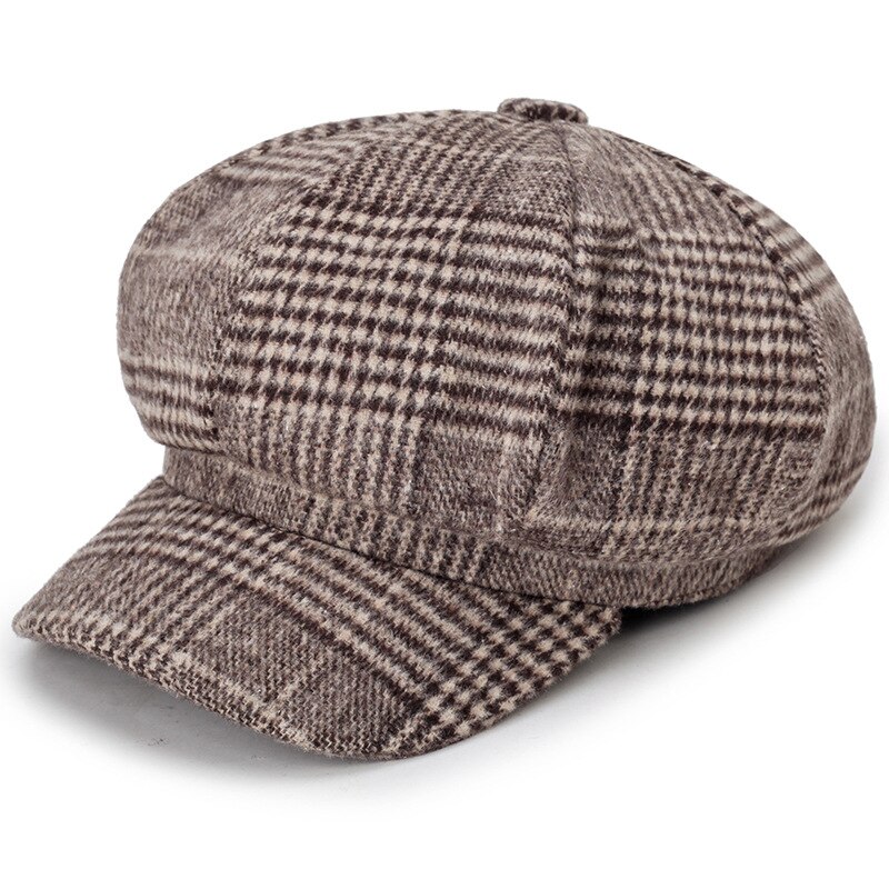 Women's Beret Newsboy Hat Autumn and Winter Casua Beret Imitation Woolen Plaid Octagonal Hat Women Caps