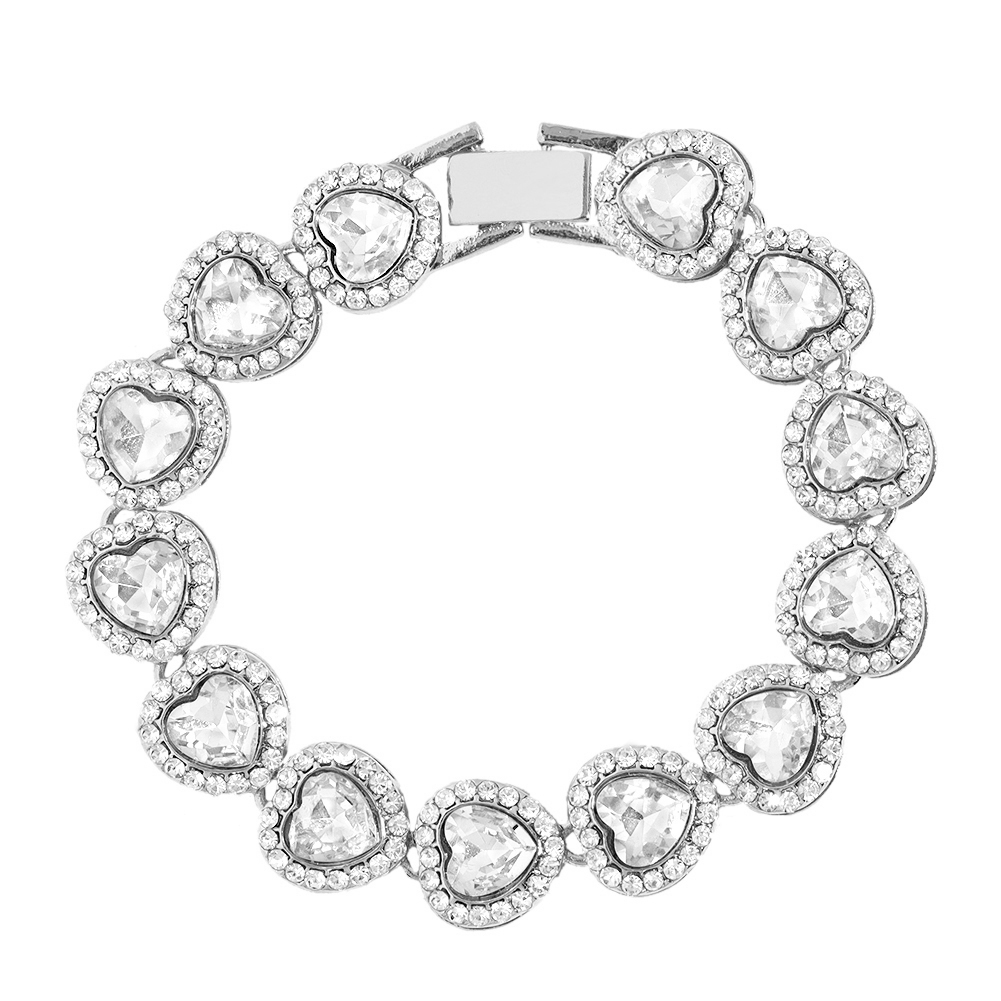 Crystal Heart Cuban Link Ketting Armband Voor Vrouwen Full Strass Hiphop Luxe Bling Chunky Armband Bruiloft Sieraden Cadeau: Roest Rood