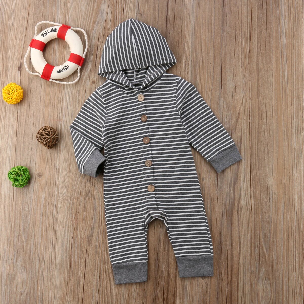Lange mouw Streep Knoppen Up Hooded Jumpsuit Rompertjes Voor Baby Boy