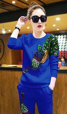 Spring Women's Casual Suits Female Peacock Phoenix Sequins Tracksuits Clothes Woman 2 Piece Set Plus Size: Blue / XXXL