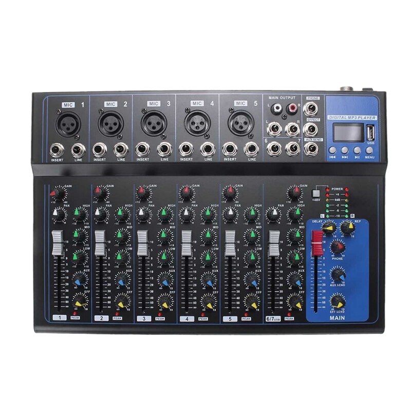 Bluetooth Portable Audio Mixer W/USB DJ Sound Mixing Console MP3 Jack 7 Channel Karaoke 48V Amplifier Karaoke(EU Plug): Default Title