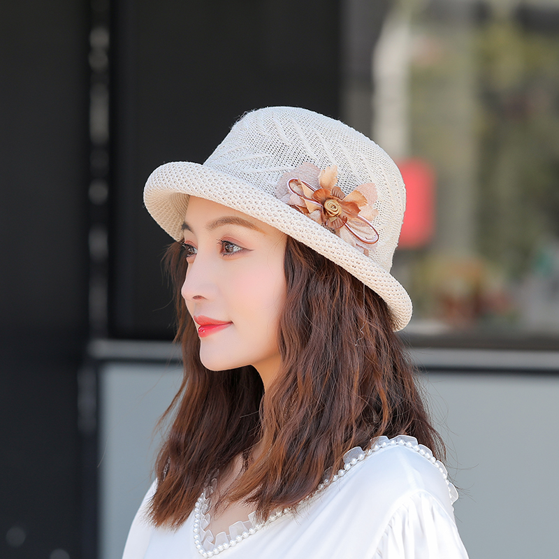 Sombreros de sol de verano para mujer y niña, sombrero de playa con flores, informal, de paja, domo plano, gorra de lavabo, hueso femenino,: beige