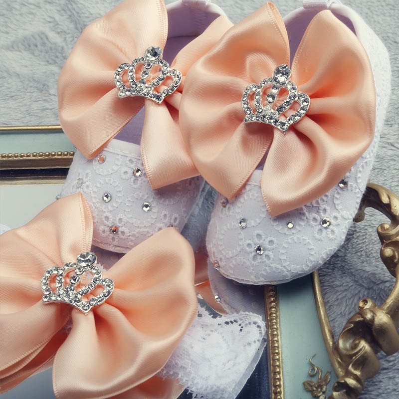 Dollbling designade baby småbarn skor aprikos blomma rosett diamant kronsmycken baby flicka baby skor pannband