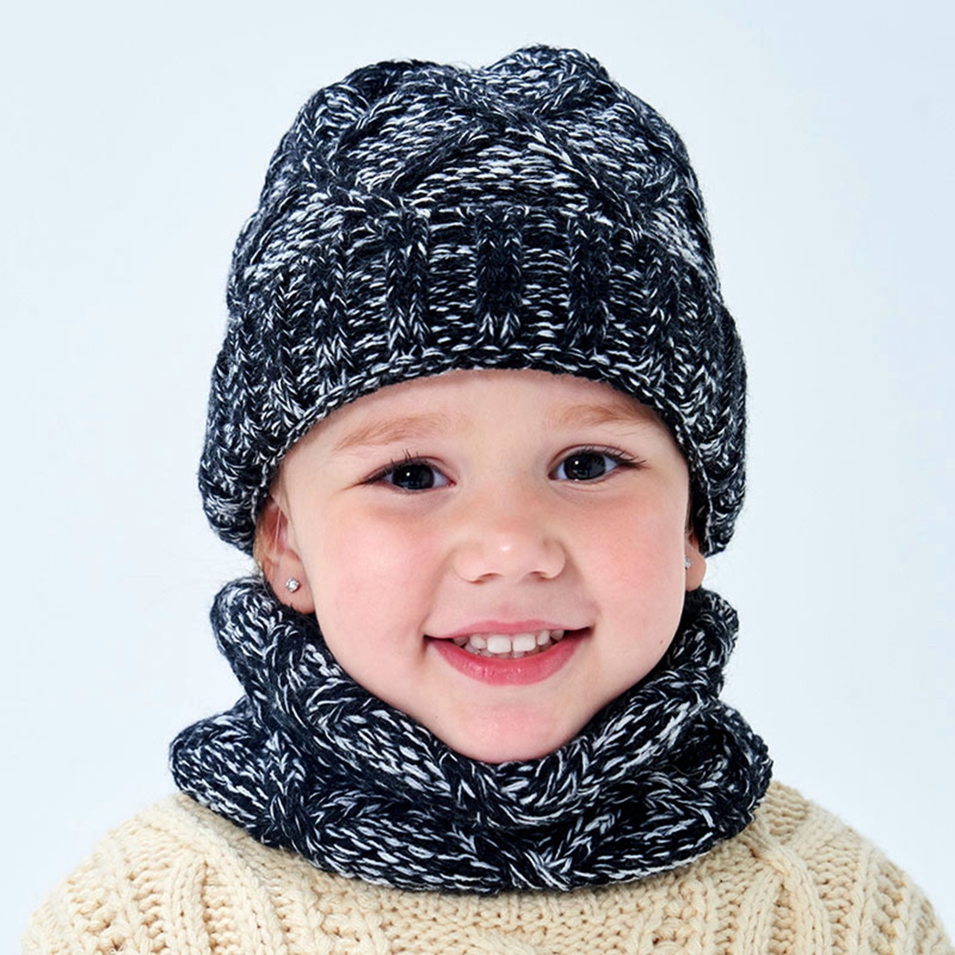 Warm Fleece Knitted Beanie Caps Snood Set Winter Outdoor Baby Kids Hat Scarf Children Hats Skullies Boys Girls Ski Caps Bonnet: Black