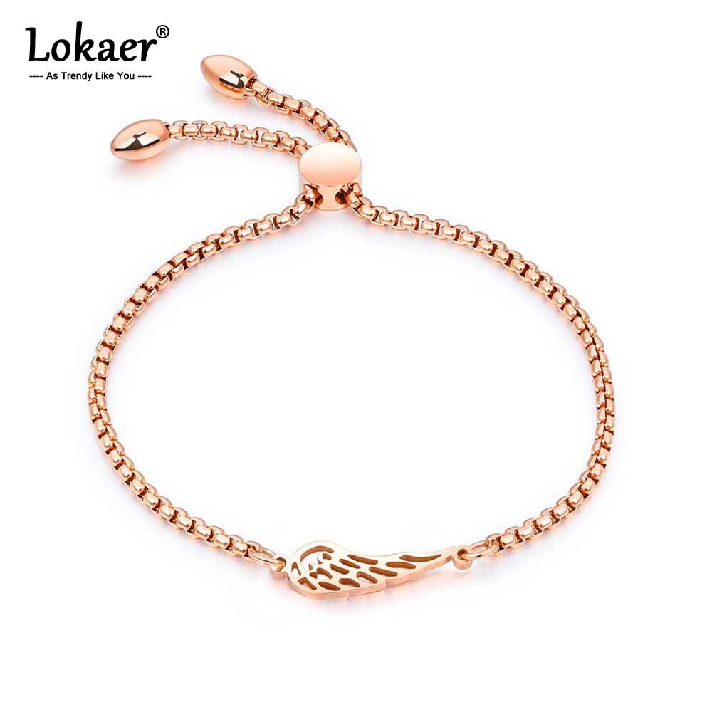 Lokaer Populaire Titanium Staal Engelenvleugels Veer Armbanden Mode Rose Goud Kleur Armband Lengte Verstelbare Pulseira B17073