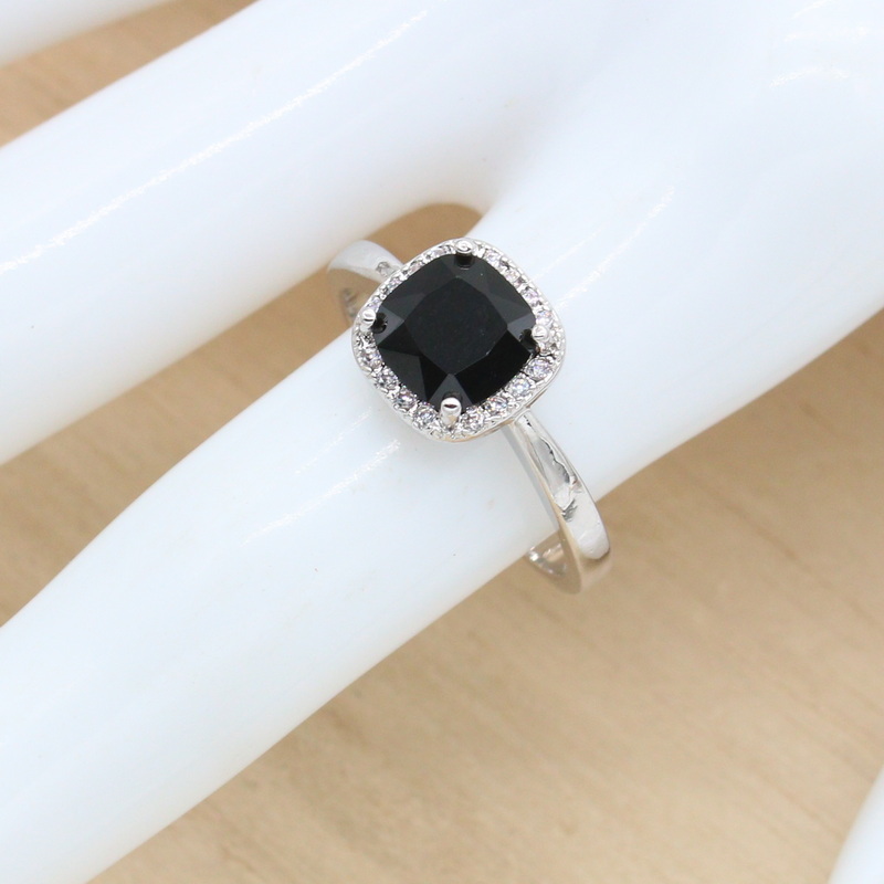 Geometrische Schwarz Zirkonia 925 Silber Schmuck einstellen für Frauen Lange Ohrringe Halskette Anhänger Ring Geburtstag