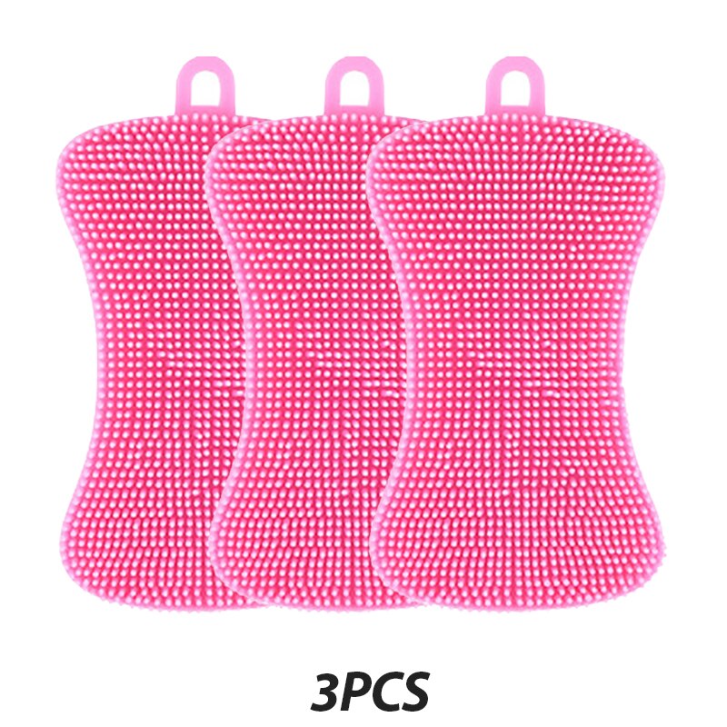 3PCS Silicone Dish Washing Brush Pot Pan Sponge Scrubber Silicone Scouring Pad Fruit Pot Pan Wash Brushes Kitchen Cleaning Tool: 3pcs-pink