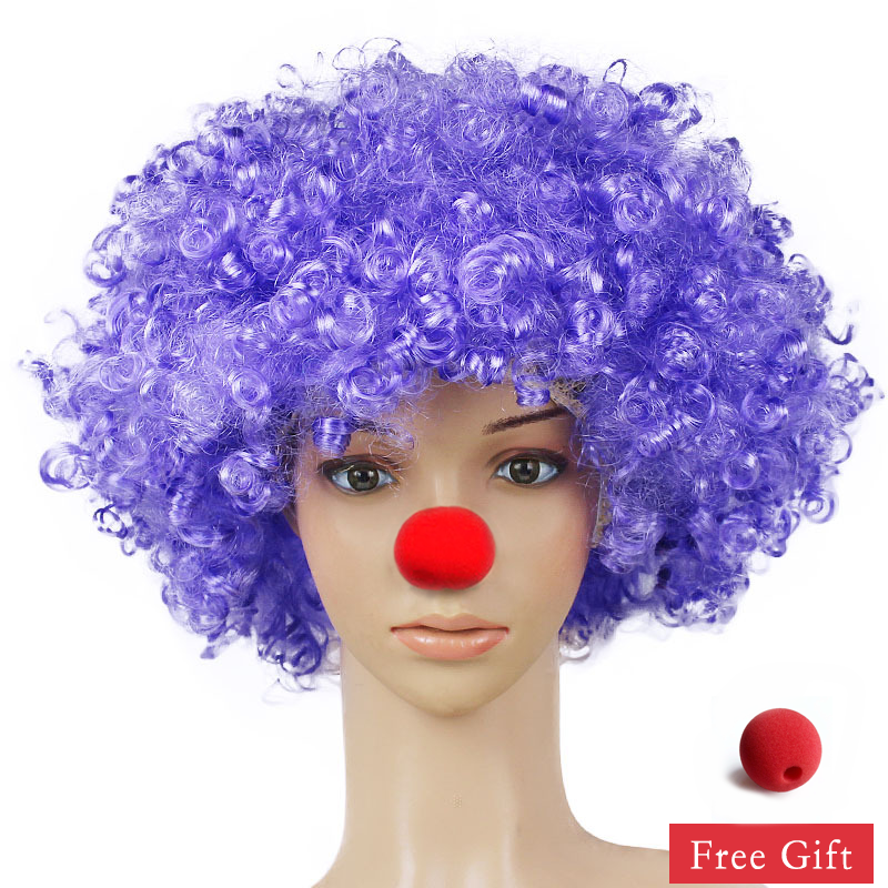 Kleurrijke Clown Pruik Afro Krullend Synthetische Pruik Cosplay voor Mannen Vrouwen Mardi Gras Party Pruik Rood Groen Geel Blauw Pruik Clown Neus: #26