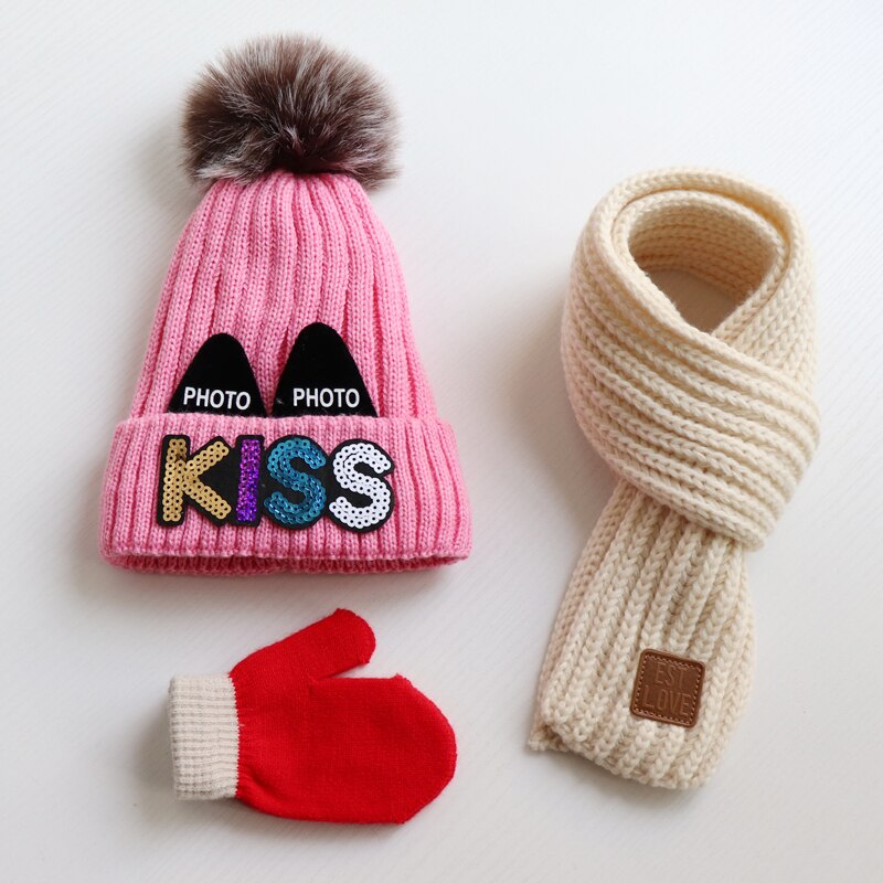 Baby hat scarf gloves three - piece set Autumn winter children's hat scarf Thick woolen hats for boys and girls Cute woollen hat: pink white