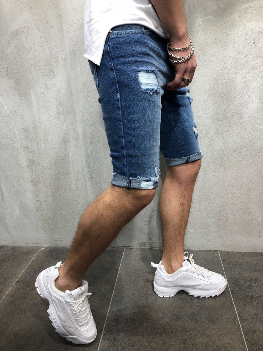 Mænds revet hul denim shorts skinny blyant korte jeans plus størrelse 3xl knæ længde bukser mand blå kausal slim fit shorts