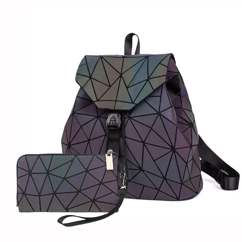 Kvinder rygsæk geometrisk lysende skoletaske til teenagepige crossbody taske til damer rygsække taske sæt kobling og pung: 2 stk. a