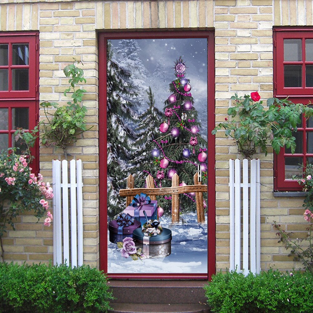 Etiqueta engomada colorida de la puerta del árbol de Navidad, decoración 3D de la habitación del hogar, Mural impermeable de Pvc, sala de estar Calcomanía para, póster adhesivo 3D Diy