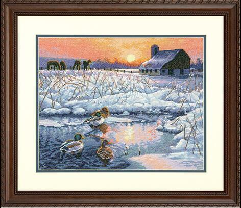 Beautiful Lovely Counted Cross Stitch Kit Winter Morning Snowy Snow Farm Lake Pond dim 70-35304 35304